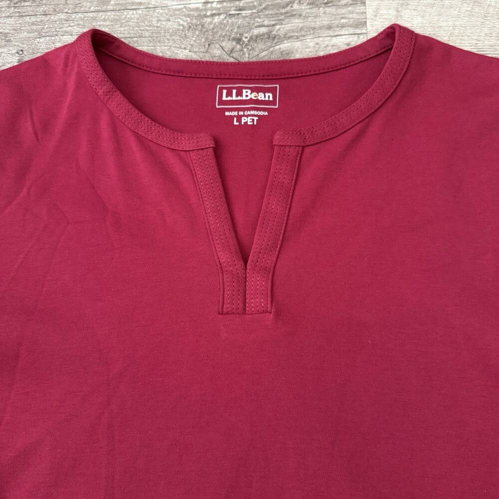 LL Bean Split V-Neck 3/4 Sleeve Tee Womens Large Petite Pullover 100% Cotton Top